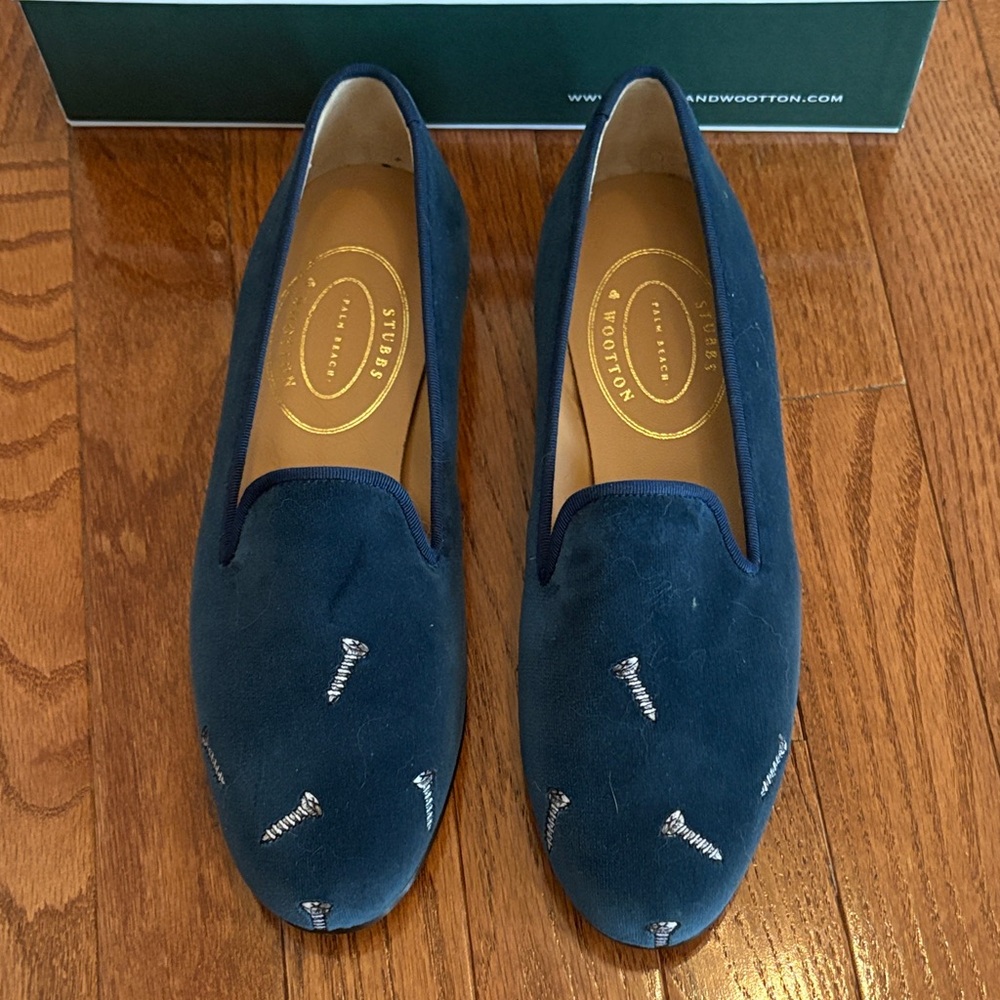 Stubbs & Wootton Dark Blue Velvet Screw / Nail Loafers